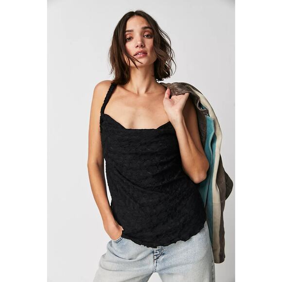 Free People NWT Black Mykonos Textured Tank Blouse Size Medium - Picture 1 of 8